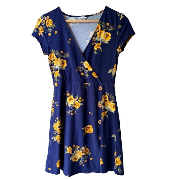 Arizona Jeans Jackets & Blazers - Arizona Jean Co Dress S Blue Yellow Floral V-Neck Sundress Indie Boho Cottage